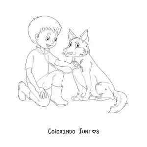 Desenho para colorir de um menino vestido de veterinário auscultando um cachorro