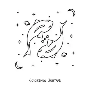 Desenho para colorir de símbolo do signo zodiacal de Peixes com astros