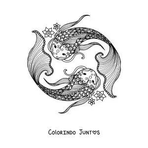 Desenho para colorir de símbolo do signo zodiacal de Peixes com flores