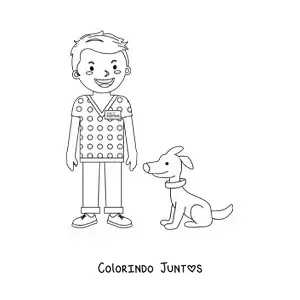 Desenho para colorir de um veterinário animado ao lado de um cachorro
