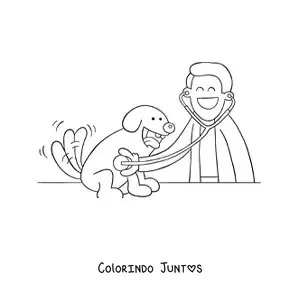 Desenho para colorir de um veterinário animado examinando um cachorro