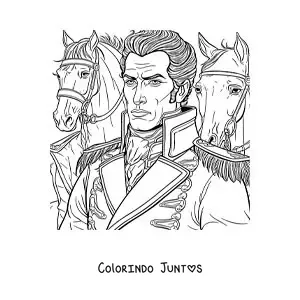 Desenho para colorir de Simón Bolívar em uma batalha com cavalos