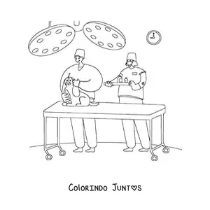 Desenho para colorir de um cachorro e dois veterinários na sala de cirurgia