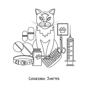 Desenho para colorir de um gato ao lado de instrumentos do veterinário