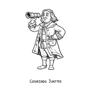 Desenho para colorir de Cristóvão Colombo animado observando por uma luneta