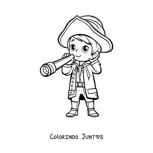 Desenho para colorir de Cristóvão Colombo kawaii com uma luneta