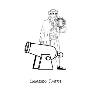 Desenho para colorir de Cristóvão Colombo animado com um canhão e um globo terrestre