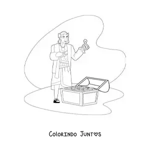 Desenho para colorir de Cristóvão Colombo animado com um tesouro