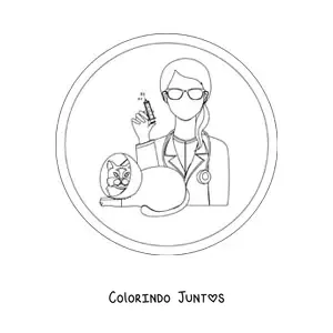 Desenho para colorir de uma veterinária e um gato com colar elizabetano