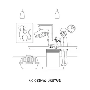 Desenho para colorir de um veterinário e um gato na clínica veterinária
