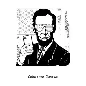Desenho para colorir de Abraham Lincoln moderno com óculos e a bandeira dos Estados Unidos