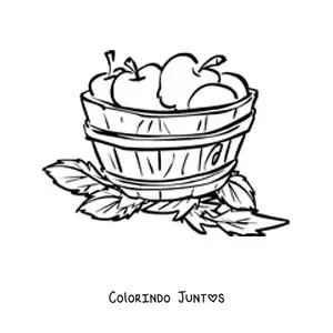 Desenho para colorir de um balde de madeira cheio de maçãs e cercado por folhas