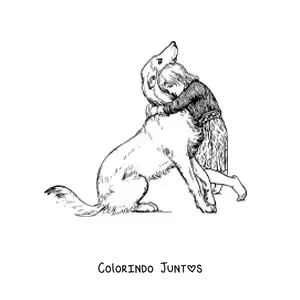 Desenho para colorir de uma menina abraçando um cachorro sentado