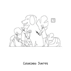 Desenho para colorir de vários veterinários curando um cachorro gigante