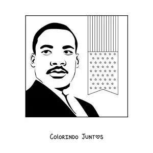 Desenho para colorir de um retrato de Martin Luther King com a bandeira dos EUA