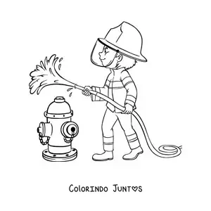 Desenho para colorir de um bombeiro com uma mangueira apagando o fogo