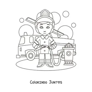 Desenho para colorir de um bombeiro animado ao lado de um caminhão de bombeiros