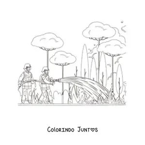 Desenho para colorir de dois bombeiros apagando um incêndio florestal