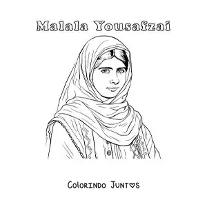 Desenho para colorir de um retrato de Malala Yousafzai com seu nome