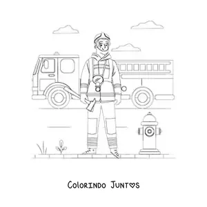 Desenho para colorir de um bombeiro uniformizado em frente a um caminhão de bombeiros