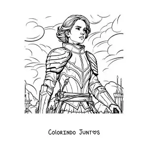 Desenho para colorir de Joana d'Arc animada estilo quadrinhos em uma batalha