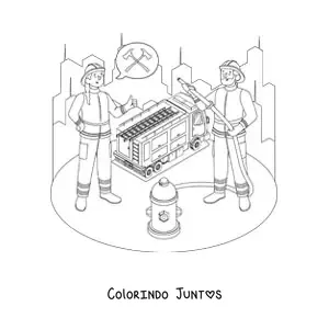 Desenho para colorir de dois bombeiros e um caminhão de bombeiros