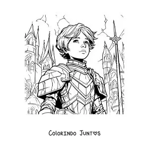 Desenho para colorir de Santa Joana d'Arc animada estilo quadrinhos em uma batalha