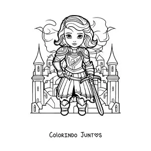 Desenho para colorir de Joana d'Arc kawaii com sua espada em uma batalha