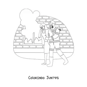 Desenho para colorir de um bombeiro resgatando uma mulher das chamas
