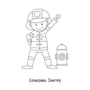 Desenho para colorir de um bombeiro animado sorridente ao lado de um hidrante