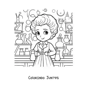 Desenho para colorir de Marie Curie animada em seu laboratório para crianças