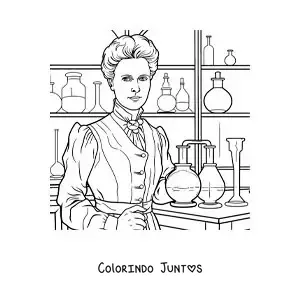 Desenho para colorir de Marie Curie animada em seu laboratório de química