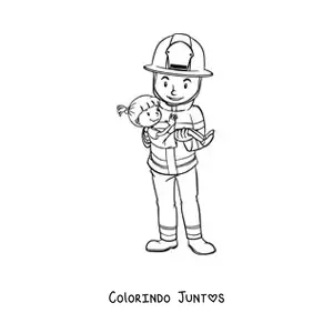Desenho para colorir de um bombeiro resgatando uma menina
