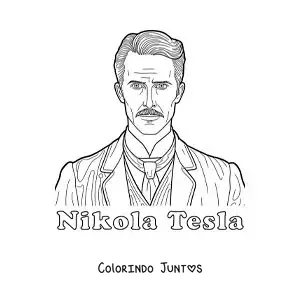 Desenho para colorir de um retrato de Nikola Tesla com seu nome