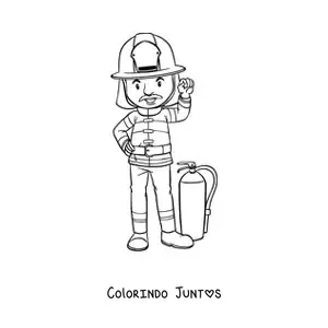Desenho para colorir de um bombeiro uniformizado ao lado de um extintor