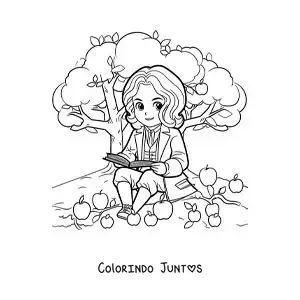 Desenho para colorir de Isaac Newton animado lendo debaixo de uma macieira
