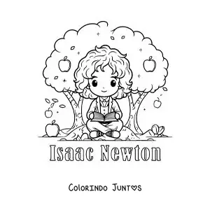 Desenho para colorir de Isaac Newton kawaii lendo debaixo de uma macieira
