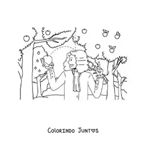 Desenho para colorir de Isaac Newton com uma maca caindo sobre sua cabeca