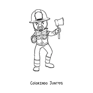 Desenho para colorir de um bombeiro com máscara protetora e um machado