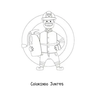 Desenho para colorir de um bombeiro animado segurando um extintor