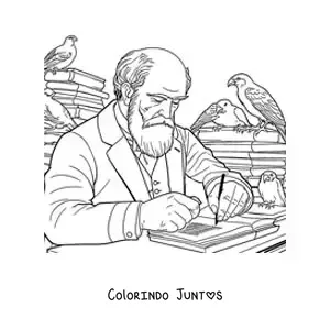 Desenho para colorir de Charles Darwin escrevendo em uma escrivaninha