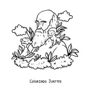 Desenho para colorir de Charles Darwin animado estudando os macacos