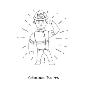 Desenho para colorir de um bombeiro animado acenando e segurando seu capacete