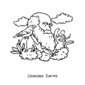 Desenho para colorir de Charles Darwin animado estudando os passaros