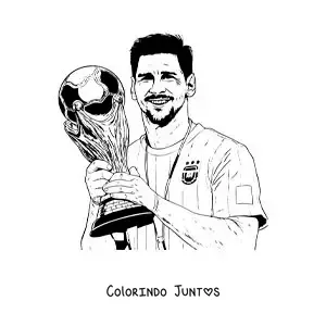 Desenho para colorir de Lionel Messi com a Copa do Mundo