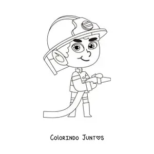 Desenho para colorir de um bombeiro animado kawaii com uma mangueira