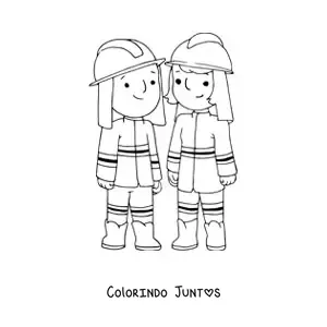 Desenho para colorir de uma bombeira e um bombeiro