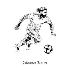 Desenho para colorir de Sergio Ramos com suas tatuagens jogando futebol