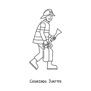 Desenho para colorir de um bombeiro animado com um extintor