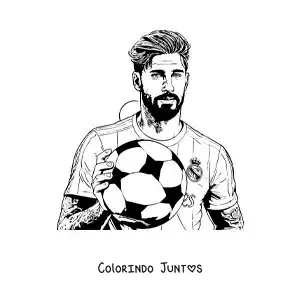 Desenho para colorir de um retrato de Sergio Ramos com uma bola de futebol